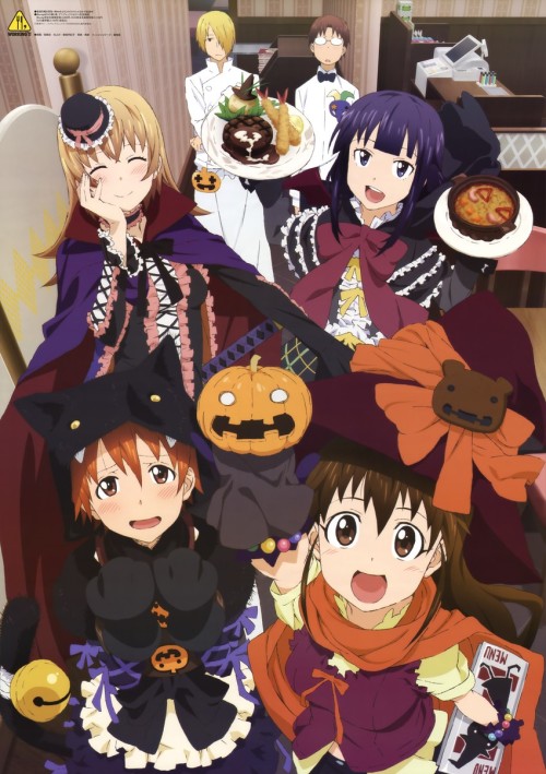 shy-azusa:  2boys 4girls absurdres bell blonde hair blue eyes bow bowtie brown eyes brown hair cape closed eyes food glasses gothic lolita hair over one eye halloween hat highres inami mahiru jack-o’-lantern jingle bell lolita fashion long hair multiple