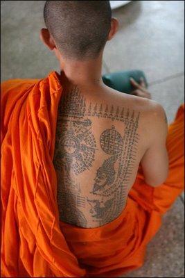 Sak Yant Thai/Khmer Buddhist temple tattoo, always done with bamboo spear by monks