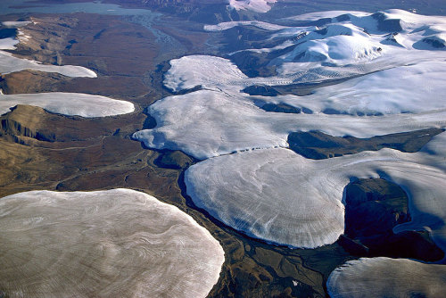 Glaciers that flow through narrow valleys and then reach an open plain spread out as broad lobes kno