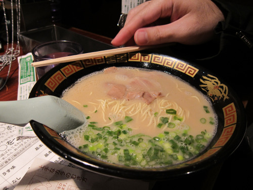 Ramen (ラーメン) from Ichiran (一蘭) in Ueno (上野).  You buy a ticket for your ramen from a vending ma