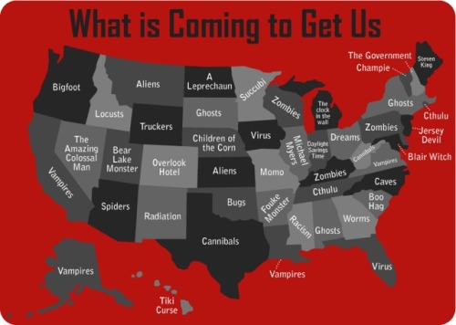 ragingbeard:  archiemcphee:  Our friends over at Laughing Squid posted this awesome map created by Very Small Array that shows the thing people in each US state think is coming to get them. We here in the Pacific Northwest would like to take this