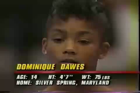 flyandfamousblackgirls:  Dominique Dawes performs her floor exercise routine in the event finals of the 1991 U.S. National Championships  Y'all don’t know how late a young guy stayed up to watch Dominique Dawes in the 1996 olympics, I was pressed,
