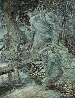 enchantingimagery:  By dimpled Brook, and Fountain brim/The Wood-Nymphs, deckt with Daisies trim/Their merry wakes and pastimes keep. An Arthur Rackham illustration for John Milton’s Comus. 