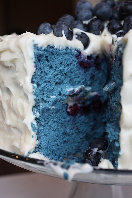 sweetsandmews:  Blue Velvet Cake 1 and ¼ Cups Cake Flour, sifted 1 and ¼ Cups Ultra-Fine Sugar 11 Egg Whites, room temperature 2 Teaspoons Vanilla Extrac t2 oz. Blue Food Coloring 1 and ½ Teaspoons Cream of Tartar 1Tablespoon Cocoa