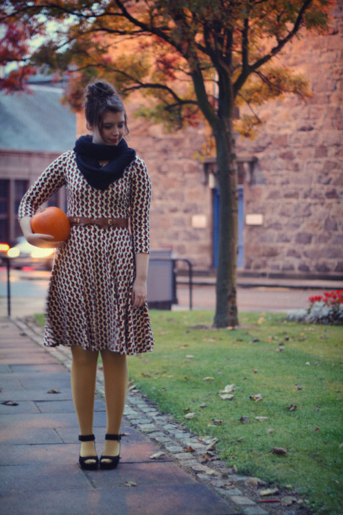 Yellow tights and cute patterned dress