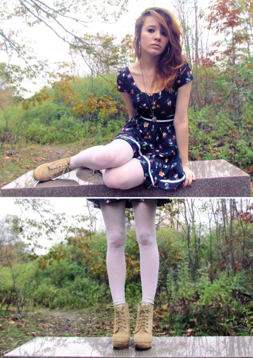 White tights and blue dress with cute little flowers