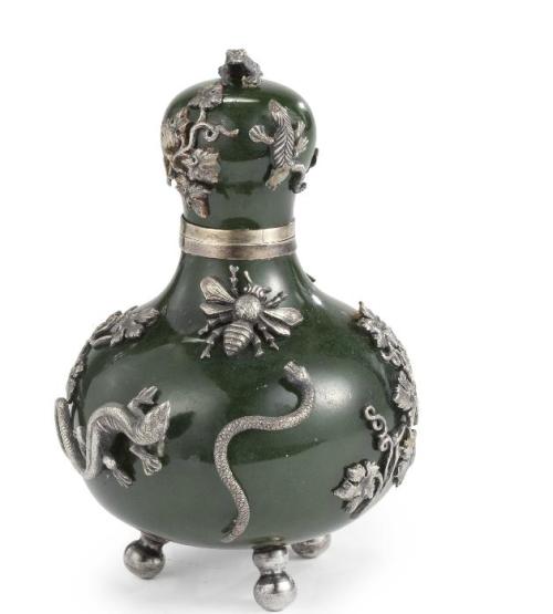 An Edwardian Silver-Mounted and Nephrite Perfume Bottle, Frank Hyams Ltd, London 1905 Sotheby’