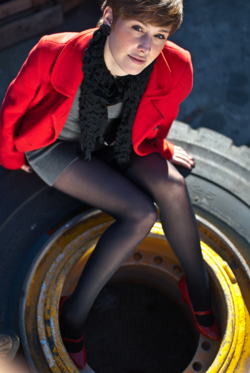 Bright red coat, grey dress, red heels and pantyhose