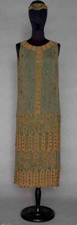 Green and Gold Beaded Dress, c. 1921, Sage green chiffon completely covered in gold beads & gree