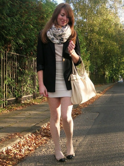 White lace tights with scarf and black coat