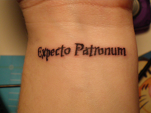 slytherin-seeker:  People don’t understand why I write this on my wrist all the time or why I want to get it tattooed one day. Yes, it is a Harry Potter spell, but it’s so much more. I read that it means “I await my guardian” and that makes sense