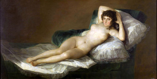 Francisco Goya, The Nude Maja, ca. 1800. Said to be the first explicit depiction of female pubic hair in a large Western painting, though others had hinted at it.