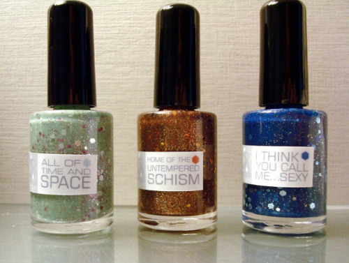 indubitably-indeed:  thefallofgallifrey:  ithinkyoucallme—-sexy:  mrsiantojones:  shelivesin221c:  mooglets:  fullfrontalnudity-remade:  You’ve probably wondered what colour your nails should be painted for time-travelling with the Doctor..  WANT