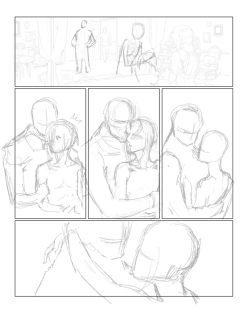frozenlilacs:  My page process for Teahouse 1 - This is basically just a rough sketch/layout. I’m reusing a bg in panel 1 from Chapter 2, because I’m a hack with no shame. No but really if you can get away with it and make it look like you didn’t