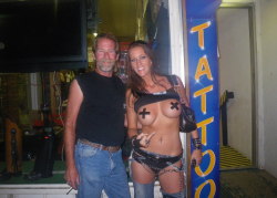 nippletape:  Ashley, nipple taped girl at a biker bar 