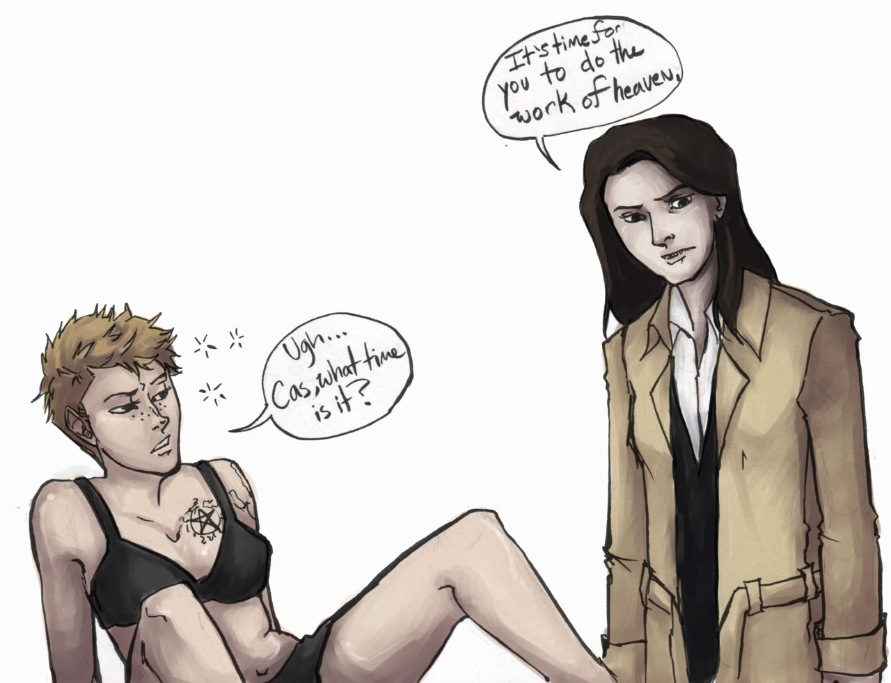 Quick doodle of genderbent Dean and Cas done during break at work, tried coloring