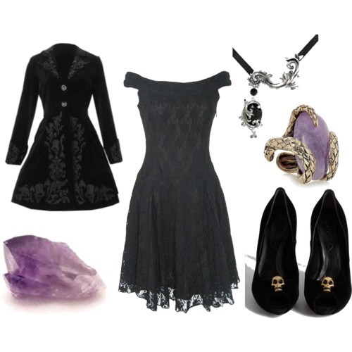 tony-and-his-paper-castle:  Amethyst by shadowed-eyes featuring a black coat Nomad vintage dress, £72Black coatAlexander McQueen high heel shoesRoberto Cavalli engraving ring, 跂Gothic jewelry, £29