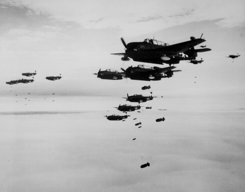 Hakodate, Japan AVG-83’s TBM-3 Avengers & SB2C-4 Helldivers off of USS ESSEX; photographer unknown, July 1945