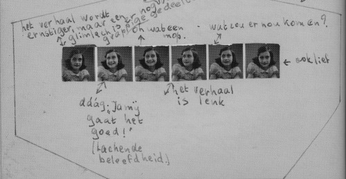 houseofromanov:  Anne Frank wrote a lot of stories with her passport photographs in her journal. They are so cute. I will translate the Dutch from the pictures (l-r). 1. The story is getting more serious, but there is still room for a smile, the funny