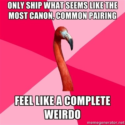 fuckyeahfanficflamingo:[Only ship what seems like the most canon, common pairing (Fanfic Flamingo) F