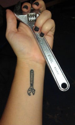 fuckyeahtattoos:  Never thought I would get a crescent wrench tattoo. It was a spur of the moment 20$ well spent. I work in technical theater and I am a lighting designer. A crescent wrench is my most used tool and it marks the skill level and training