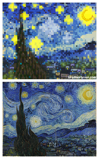 brotherbrain:  8-Bit Starry Night by Brother Brain.Prints available at RedBubble. This is the first in a series of pieces in which I recreate classic images in an 8-bit style by combining graphical elements from retro video games! In this work I utilized