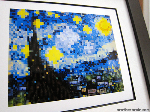 brotherbrain:  8-Bit Starry Night by Brother Brain.Prints available at RedBubble. This is the first in a series of pieces in which I recreate classic images in an 8-bit style by combining graphical elements from retro video games! In this work I utilized