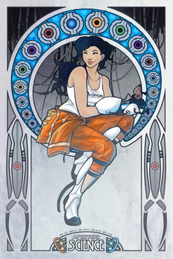 justinrampage:  Mwar brings another Art Nouveau style piece to her arsenal and gives it an awesome Portal 2 spin. It was created for a good cause too! “This is a poster I did for Desert Bus For Hope 5. They’ll be auctioning off a 12” x 18” print