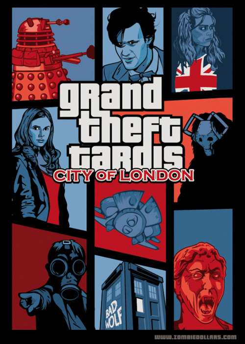 Time travel like a TARDIS Rockstar in Nick Holmes’ new City of London edition Grand Theft Auto / Doctor Who shirt design. Now on sale at RedBubble.
Related Rampages: Grand Theft Tardis 4 (More)
Grand Theft Tardis: City of London by Nik Holmes...