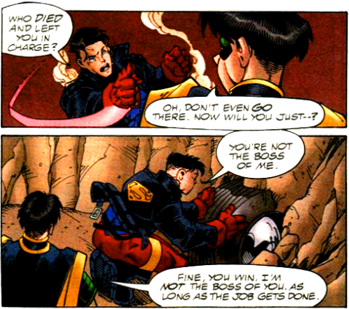 thewhitestag:Young Justice v.1 #001Tim being logical, but bossy; Kon resisting in a jerk-ish manner.