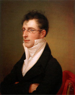 chimaeraman:  muslinandlace:Rubens Peale wears a white waiscoat with a tall upright notched collar over his high shirt collar and wide cravat. America, 1807 