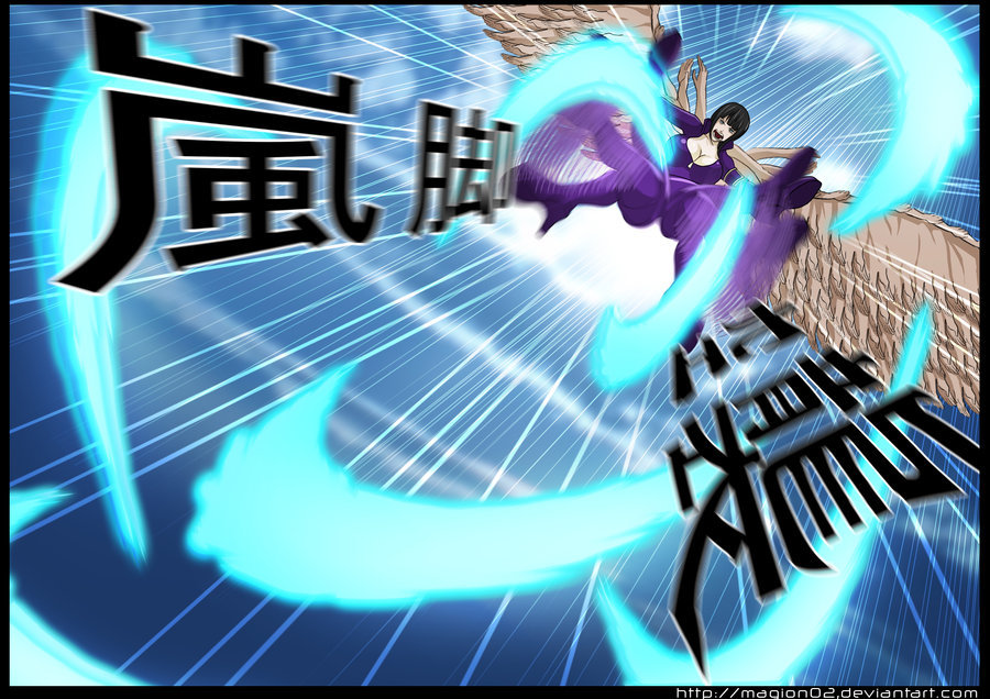 The Nico Robin: Rokushiki Style Project - Rankyaku Kuushuu (Storm leg  Air raid) - While in her Wings form, Robin cuts the air rapidly with  both of her legs, launching multiple air