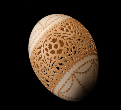 chimpgoods:  Hand carved and etched Victorian Lace chicken eggs by Beth Ann Magnuson.  
