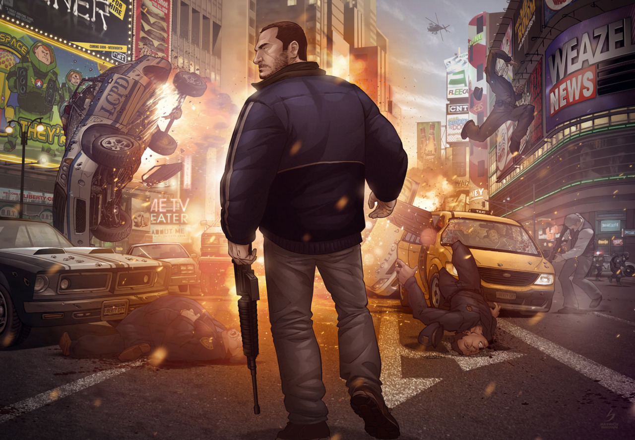 With his skills at a new level, artist Patrick Brown went back and updated an older Grand Theft Auto IV illustration (2008 version). Damn it feels good to be a GTA gangster. Boom!
Related Rampages: Batman: Arkham City (More)
Grand Theft Auto IV...