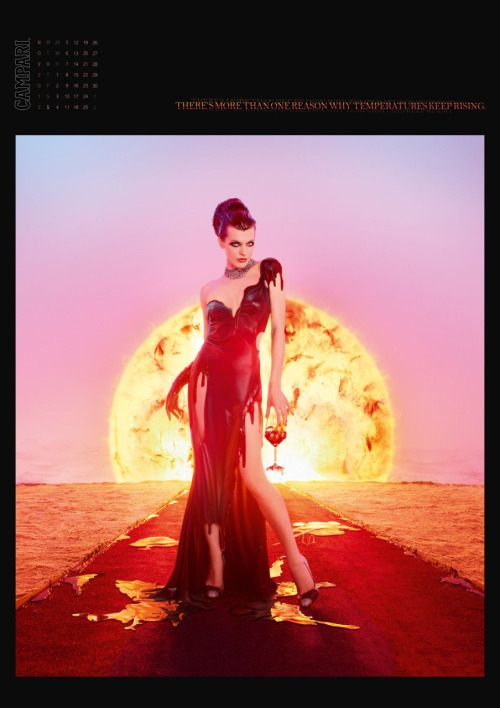 An ancient Mayan prophecy, indicates the 21st december 2012 as the possible “end of the world” day. To exorcize this fateful event, Campari realized a calendar on this theme. In the shots the actress Milla Jovovich wears 12 surreal dresses representing