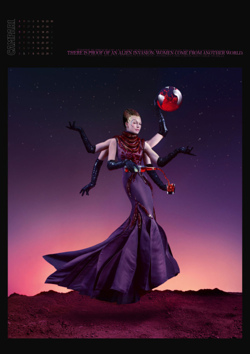 An ancient Mayan prophecy, indicates the 21st december 2012 as the possible “end of the world” day. To exorcize this fateful event, Campari realized a calendar on this theme. In the shots the actress Milla Jovovich wears 12 surreal dresses representing