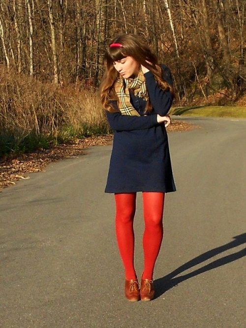 Red tights and blue wool dress