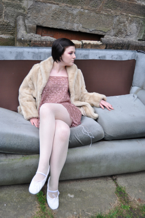 White tights with white ballet flats, furry coat and pink dress