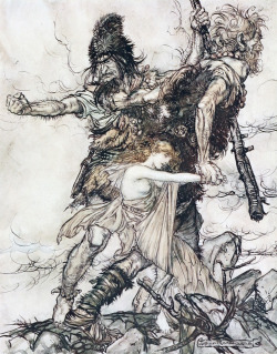 missfolly:  ‘Fasolt suddenly seizes Freia and drags her to one side with Fafner’ - illustration by Arthur Rackham for the book, ‘The Rhinegold &amp; the Valkyrie’, published in 1910 