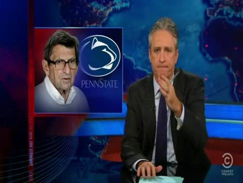  Jon Stewart took to The Daily Show last night (11/10/11) to talk about the Penn State child sexual abuse scandal, and gave a serious commentary about how people knew of Sandusky’s abuse and didn’t do anything, as well as the recent student rioting