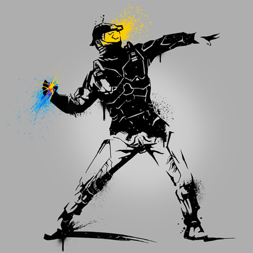 Master Chief and Banksy become one in Melee_Ninja’s new mash up shirt design. You can vote it up over at Threadless to see it print.
Related Rampage: When Dinos Ruled the Earth
Generation 117 by Melee_Ninja (Tumblr) (Flickr) (Twitter)