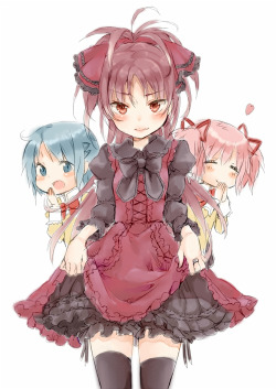 syumari:  3girls alternate costume alternate hairstyle black legwear blush dress frilled dress frilled skirt frills gathers gothic lolita hair ribbon kaname madoka lolita fashion long hair mahou shoujo madoka magica miki sayaka multiple girls red dress