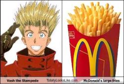 littledizzyurine:  McDonald’s should be thrilled to have fries that look like Vash the Stampede. 