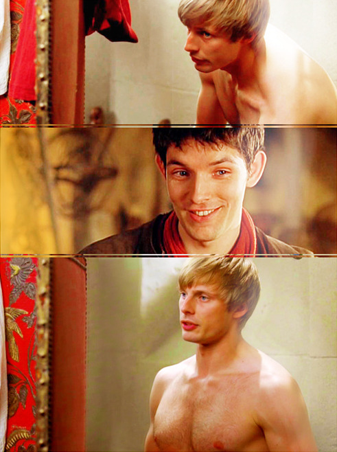 lunaradvent:  merlinboys:   Merlin’s second favourite chore: undressing Arthur.  …with his eyes. Hey! It IS canon. He did it in the 4th episode, IRC.