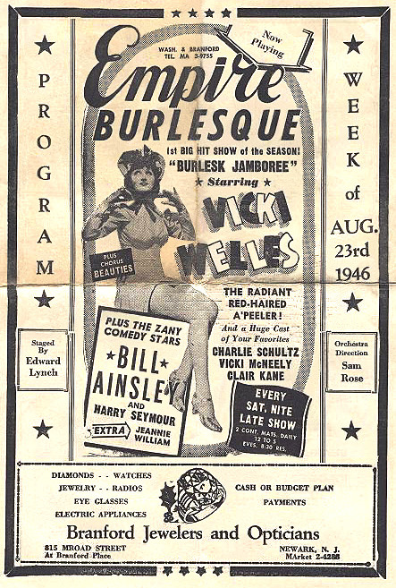 An August 1946 program handbill from the ‘EMPIRE Burlesque Theatre’, featuring:
