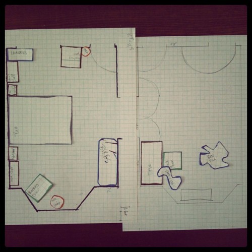 The winning arrangement: desk in front of the sofa, more space by the bedroom windows. (Taken with i