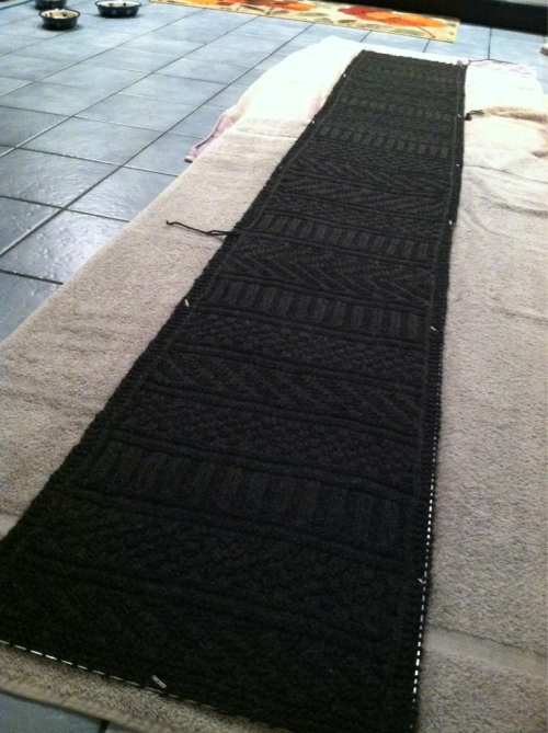 zdravomilla:I still have to weave in a few ends once it’s finished blocking, but my Guernsey Wrap is