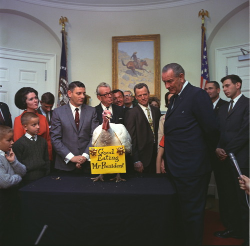 Good Eating Mr. President
Annual Thanksgiving Turkey presentation at the White House. Representatives from the poultry industry and farm organizations present a turkey to President Lyndon B. Johnson. November 16, 1967.
-from the LBJ Library
Happy...