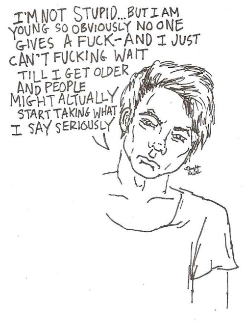 thisishangingrockcomics:  “Scowling boy with greasy hair who is wearing a tee shirt that is too thin so I can see his aureolas. He’s not eating lunch because he’s too cool to eat in a cafeteria, he’s sitting on the table like a rebel with the