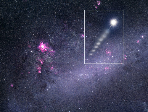 the-star-stuff:  A speedy star  A super-fast star is possible evidence of a black hole at the Large Magellanic Cloud’s center. By Liz Kruesi — Published: November 30, 2005 A massive young star is speeding through the Milky Way’s halo. Its age and